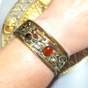 VTG Brutalist Artisan Genuine Gemstone Cuff Bangle Bracelet